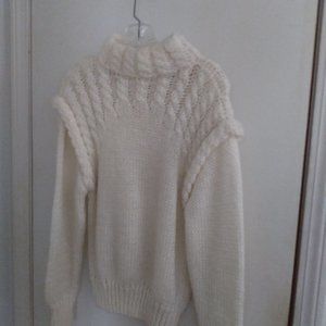Hand Knit Off White Turtleneck Drop Sleeve Sweater